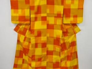 アンティーク　変わり格子模様織り出し手織り節紬着物